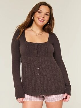Hollister Chocolate Brown Square-Neck Babydoll Cable Knit Sweater Small Fall Y2K
